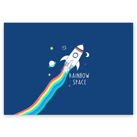 Поздравительная открытка с принтом Rainbow space в Екатеринбурге, 100% бумага | плотность бумаги 280 г/м2, матовая, на обратной стороне линовка и место для марки
 | children | drawing | fire | flight | infinity | moon | planets | rainbow | rocket | space | stars | train | universe | wh | белый | бесконечность | вселенная | детский | звезды | космос | луна | надпись | огонь | планеты | полет | радуга | ракета | рисуно