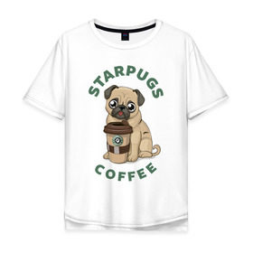 Мужская футболка хлопок Oversize с принтом Мопс с Кофе (Пародия) в Екатеринбурге, 100% хлопок | свободный крой, круглый ворот, “спинка” длиннее передней части | coffee | pug | кофе | мопс | собака | собаки