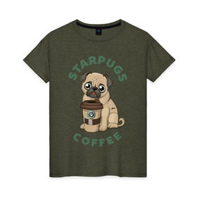 Женская футболка хлопок с принтом Мопс с Кофе (Пародия) в Екатеринбурге, 100% хлопок | прямой крой, круглый вырез горловины, длина до линии бедер, слегка спущенное плечо | coffee | pug | кофе | мопс | собака | собаки