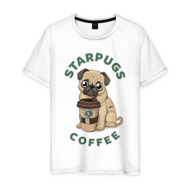 Мужская футболка хлопок с принтом Мопс с Кофе (Пародия) в Екатеринбурге, 100% хлопок | прямой крой, круглый вырез горловины, длина до линии бедер, слегка спущенное плечо. | coffee | pug | кофе | мопс | собака | собаки