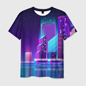 Мужская футболка 3D с принтом Neon Nights в Екатеринбурге, 100% полиэфир | прямой крой, круглый вырез горловины, длина до линии бедер | city | neon синтвейв | retrowave | synthwave | горо | неон | ночь | ретровейв