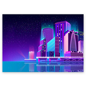 Поздравительная открытка с принтом Neon Nights в Екатеринбурге, 100% бумага | плотность бумаги 280 г/м2, матовая, на обратной стороне линовка и место для марки
 | city | neon синтвейв | retrowave | synthwave | горо | неон | ночь | ретровейв