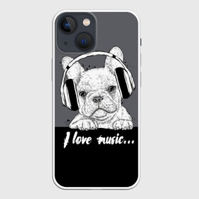 Чехол для iPhone 13 mini с принтом I love music… в Екатеринбурге,  |  | animal | black | breed | dog | drawing | fon | graphics | gray | head | headphones | i | inscription | look | love | music | muzzle | text | взгляд | голова | графика | животное | люблю | музыка | надпись | наушники | порода | рисунок | серый | со