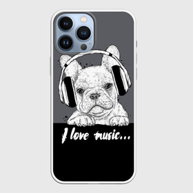 Чехол для iPhone 13 Pro Max с принтом I love music… в Екатеринбурге,  |  | animal | black | breed | dog | drawing | fon | graphics | gray | head | headphones | i | inscription | look | love | music | muzzle | text | взгляд | голова | графика | животное | люблю | музыка | надпись | наушники | порода | рисунок | серый | со