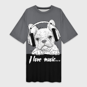 Платье-футболка 3D с принтом I love music… в Екатеринбурге,  |  | animal | black | breed | dog | drawing | fon | graphics | gray | head | headphones | i | inscription | look | love | music | muzzle | text | взгляд | голова | графика | животное | люблю | музыка | надпись | наушники | порода | рисунок | серый | со