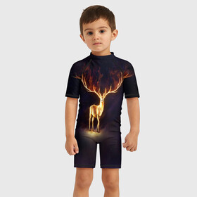 Детский купальный костюм 3D с принтом Огненный олень в Екатеринбурге, Полиэстер 85%, Спандекс 15% | застежка на молнии на спине | deer | fire | flame | horns | огонь | пламя | рога