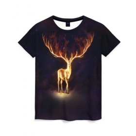 Женская футболка 3D с принтом Огненный олень в Екатеринбурге, 100% полиэфир ( синтетическое хлопкоподобное полотно) | прямой крой, круглый вырез горловины, длина до линии бедер | deer | fire | flame | horns | огонь | пламя | рога