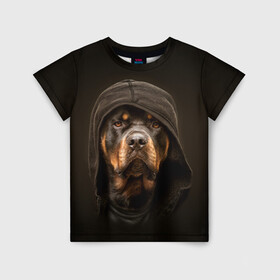 Детская футболка 3D с принтом Ротвейлер в капюшоне  в Екатеринбурге, 100% гипоаллергенный полиэфир | прямой крой, круглый вырез горловины, длина до линии бедер, чуть спущенное плечо, ткань немного тянется | rottweiler | капюшон | молоссы | пастух | пёс | собака | щенок