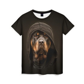 Женская футболка 3D с принтом Ротвейлер в капюшоне в Екатеринбурге, 100% полиэфир ( синтетическое хлопкоподобное полотно) | прямой крой, круглый вырез горловины, длина до линии бедер | Тематика изображения на принте: rottweiler | капюшон | молоссы | пастух | пёс | собака | щенок