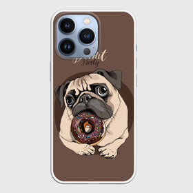 Чехол для iPhone 13 Pro с принтом Donut party в Екатеринбурге,  |  | animal | baking | breed | chocolate | dog | donut | dr | eating | homemade | looking | party | pug | sweetness | вечеринка | выпечка | графика | домашнее | животное | картинка | кушает | мопс | надпись | пончик | порода | рисунок | сладость