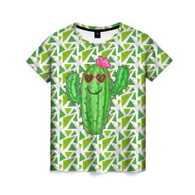 Женская футболка 3D с принтом Позитивный кактус в Екатеринбурге, 100% полиэфир ( синтетическое хлопкоподобное полотно) | прямой крой, круглый вырез горловины, длина до линии бедер | веселый кактус | зеленый | иголки | кактусы | колючий | летний | лето | настроение | прикольный | радостный | счастье | цветок | цветы | эмоции