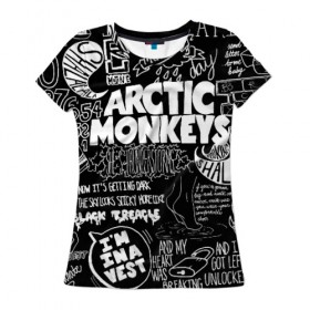 Женская футболка 3D с принтом Arctic Monkeys в Екатеринбурге, 100% полиэфир ( синтетическое хлопкоподобное полотно) | прямой крой, круглый вырез горловины, длина до линии бедер | arctic monkeys | алекс тёрнер | арктик манкиз | группы | джейми кук | инди | музыка | мэтт хелдерс | ник омэлли | постпанк | рок