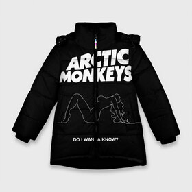 Зимняя куртка для девочек 3D с принтом Arctic Monkeys в Екатеринбурге, ткань верха — 100% полиэстер; подклад — 100% полиэстер, утеплитель — 100% полиэстер. | длина ниже бедра, удлиненная спинка, воротник стойка и отстегивающийся капюшон. Есть боковые карманы с листочкой на кнопках, утяжки по низу изделия и внутренний карман на молнии. 

Предусмотрены светоотражающий принт на спинке, радужный светоотражающий элемент на пуллере молнии и на резинке для утяжки. | arctic monkeys | алекс тёрнер | арктик манкиз | группы | джейми кук | инди | музыка | мэтт хелдерс | ник омэлли | постпанк | рок