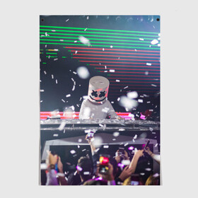 Постер с принтом Marshmello в Екатеринбурге, 100% бумага
 | бумага, плотность 150 мг. Матовая, но за счет высокого коэффициента гладкости имеет небольшой блеск и дает на свету блики, но в отличии от глянцевой бумаги не покрыта лаком | alone | beautiful now | disc | dj | jockey | marshmallow | американский | диджей | дискотека | маршмэллоу | продюсер