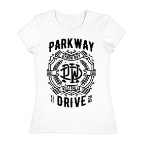Женская футболка хлопок с принтом Parkway Drive в Екатеринбурге, 100% хлопок | прямой крой, круглый вырез горловины, длина до линии бедер, слегка спущенное плечо | atlas | ire | parkway drive | pd | группы | метал | музыка | рок | хеви метал