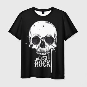 Мужская футболка 3D с принтом Let is rock в Екатеринбурге, 100% полиэфир | прямой крой, круглый вырез горловины, длина до линии бедер | bones | death | drawing | drops | flowing | graphic | music | rock | skeleton | skull | splashes | style | symbol | брызги | графика | день мертвых | капли | кости | мексика | музыка | праздник | рисунок | рок | символ | скелет | стиль | течёт | 