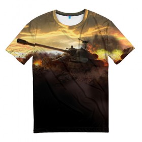 Мужская футболка 3D с принтом танк на закате в Екатеринбурге, 100% полиэфир | прямой крой, круглый вырез горловины, длина до линии бедер | 23 февраля | tank | игры | мужу | папе | сыну | танк