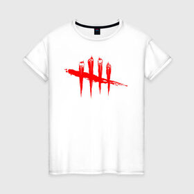 Женская футболка хлопок с принтом DEAD BY DAYLIGHT в Екатеринбурге, 100% хлопок | прямой крой, круглый вырез горловины, длина до линии бедер, слегка спущенное плечо | blood | dead by daylight | game | horror | logo | red | игра | кости | кровь | лого | ужасы | хоррор | череп