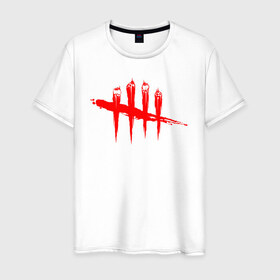 Мужская футболка хлопок с принтом DEAD BY DAYLIGHT в Екатеринбурге, 100% хлопок | прямой крой, круглый вырез горловины, длина до линии бедер, слегка спущенное плечо. | blood | dead by daylight | game | horror | logo | red | игра | кости | кровь | лого | ужасы | хоррор | череп