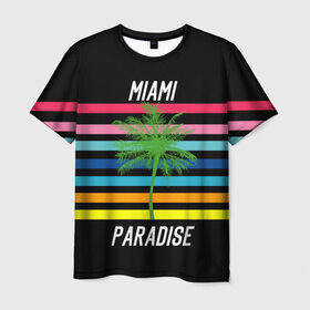 Мужская футболка 3D с принтом Miami Paradise в Екатеринбурге, 100% полиэфир | прямой крой, круглый вырез горловины, длина до линии бедер | america | city | colorful | drawing | grap | miami | palm tree | paradise | recreation | resort | stripes | tree | usa | world | америка | город | графика | дерево | курорт | майами | мировой | надпись | отдых | пальма | полосы | разноцветные | рай | рису
