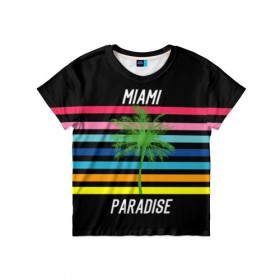 Детская футболка 3D с принтом Miami Paradise в Екатеринбурге, 100% гипоаллергенный полиэфир | прямой крой, круглый вырез горловины, длина до линии бедер, чуть спущенное плечо, ткань немного тянется | Тематика изображения на принте: america | city | colorful | drawing | grap | miami | palm tree | paradise | recreation | resort | stripes | tree | usa | world | америка | город | графика | дерево | курорт | майами | мировой | надпись | отдых | пальма | полосы | разноцветные | рай | рису