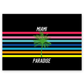 Поздравительная открытка с принтом Miami Paradise в Екатеринбурге, 100% бумага | плотность бумаги 280 г/м2, матовая, на обратной стороне линовка и место для марки
 | Тематика изображения на принте: america | city | colorful | drawing | grap | miami | palm tree | paradise | recreation | resort | stripes | tree | usa | world | америка | город | графика | дерево | курорт | майами | мировой | надпись | отдых | пальма | полосы | разноцветные | рай | рису