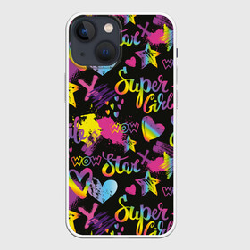 Чехол для iPhone 13 mini с принтом Super Girl в Екатеринбурге,  |  | girl | hearts | rainbow | raster | spectrum | splashes | spots | star | super | абстракция | брызги | графика | девушка | звезда | кислотный | любовь | мечта | надпись | праздник | пятна | радуга | растр | рисунок | сердца | спектр