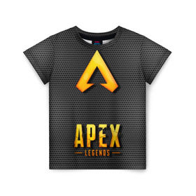Детская футболка 3D с принтом APEX LEGENDS в Екатеринбурге, 100% гипоаллергенный полиэфир | прямой крой, круглый вырез горловины, длина до линии бедер, чуть спущенное плечо, ткань немного тянется | Тематика изображения на принте: apex | apex legends | апекс | апекс легенд | апекс легендс | бой | игра | компьютерная игра | королевская битва | лучшее | онлайн игра | популярное | текстура | хит | шутер