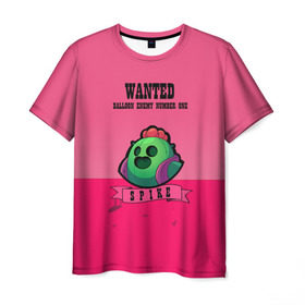 Мужская футболка 3D с принтом WANTED Spike в Екатеринбурге, 100% полиэфир | прямой крой, круглый вырез горловины, длина до линии бедер | brawl | brawl stars | smash bros