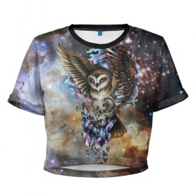 Женская футболка 3D укороченная с принтом сова космическая в Екатеринбурге, 100% полиэстер | круглая горловина, длина футболки до линии талии, рукава с отворотами | owl | галактика | звезды | космос | млечный путь | ночь | птица | сова | филин
