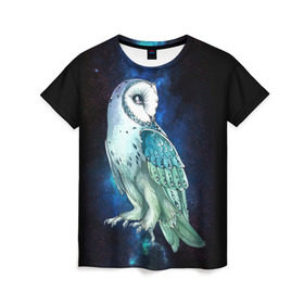 Женская футболка 3D с принтом космическая сова в Екатеринбурге, 100% полиэфир ( синтетическое хлопкоподобное полотно) | прямой крой, круглый вырез горловины, длина до линии бедер | owl | галактика | звезды | космос | млечный путь | ночь | птица | сова | филин