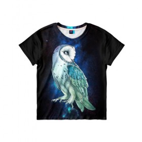 Детская футболка 3D с принтом космическая сова в Екатеринбурге, 100% гипоаллергенный полиэфир | прямой крой, круглый вырез горловины, длина до линии бедер, чуть спущенное плечо, ткань немного тянется | Тематика изображения на принте: owl | галактика | звезды | космос | млечный путь | ночь | птица | сова | филин