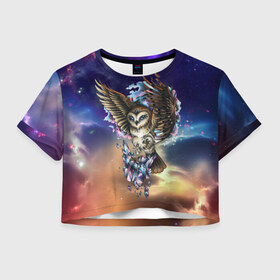 Женская футболка 3D укороченная с принтом сова в Екатеринбурге, 100% полиэстер | круглая горловина, длина футболки до линии талии, рукава с отворотами | owl | галактика | звезды | космос | млечный путь | ночь | птица | сова | филин