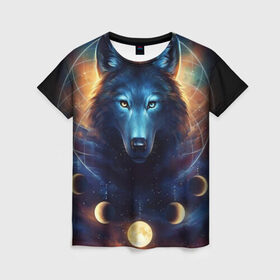 Женская футболка 3D с принтом волк в Екатеринбурге, 100% полиэфир ( синтетическое хлопкоподобное полотно) | прямой крой, круглый вырез горловины, длина до линии бедер | wolf | волк | галактика | звезды | койот | космос | луна | ночь | собака