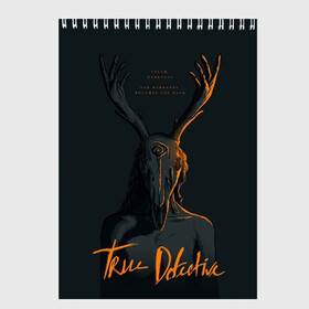 Скетчбук с принтом True Detective в Екатеринбурге, 100% бумага
 | 48 листов, плотность листов — 100 г/м2, плотность картонной обложки — 250 г/м2. Листы скреплены сверху удобной пружинной спиралью | carcosa | true detective | каркоса | криминал | мистика | настоящий детектив | раст коул | религия | ритуал | рога | символ | эзотерика