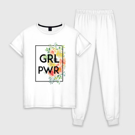 Женская пижама хлопок с принтом GRL PWR в Екатеринбурге, 100% хлопок | брюки и футболка прямого кроя, без карманов, на брюках мягкая резинка на поясе и по низу штанин | 8 марта | feminism | girl power | like a girl | venus | весна | женщины | международный женский день | подарок | феминизм