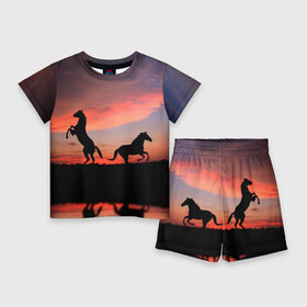 Детский костюм с шортами 3D с принтом Кони на закате в Екатеринбурге,  |  | животные | закат | кони | конь | лошади | лошадь | природа