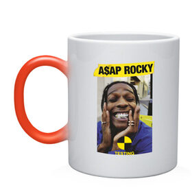 Кружка хамелеон с принтом A$AP ROCKY в Екатеринбурге, керамика | меняет цвет при нагревании, емкость 330 мл | Тематика изображения на принте: aap | asap | mob | rap | rocky | testing | асап | банда | моб | раким | реп | роки | рэп | рэпер | тестинг | эйсап | эсап