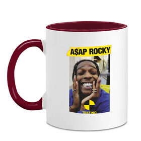 Кружка двухцветная с принтом A$AP ROCKY в Екатеринбурге, керамика | объем — 330 мл, диаметр — 80 мм. Цветная ручка и кайма сверху, в некоторых цветах — вся внутренняя часть | aap | asap | mob | rap | rocky | testing | асап | банда | моб | раким | реп | роки | рэп | рэпер | тестинг | эйсап | эсап