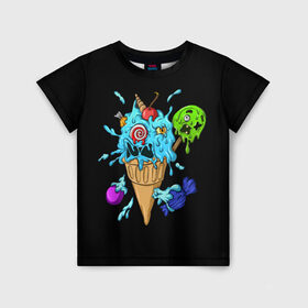 Детская футболка 3D с принтом Мороженое Монстр в Екатеринбурге, 100% гипоаллергенный полиэфир | прямой крой, круглый вырез горловины, длина до линии бедер, чуть спущенное плечо, ткань немного тянется | candy | ice cream | marshmallow | monster | monsters | oreo | sweets | zombie | зомби | леденец | леденцы | маршмеллоу | монстр | монстры | мороженое | орео | сладости