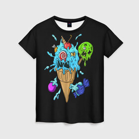 Женская футболка 3D с принтом Мороженое Монстр в Екатеринбурге, 100% полиэфир ( синтетическое хлопкоподобное полотно) | прямой крой, круглый вырез горловины, длина до линии бедер | candy | ice cream | marshmallow | monster | monsters | oreo | sweets | zombie | зомби | леденец | леденцы | маршмеллоу | монстр | монстры | мороженое | орео | сладости