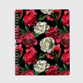 Тетрадь с принтом Розы в Екатеринбурге, 100% бумага | 48 листов, плотность листов — 60 г/м2, плотность картонной обложки — 250 г/м2. Листы скреплены сбоку удобной пружинной спиралью. Уголки страниц и обложки скругленные. Цвет линий — светло-серый
 | f | flora | flowers | greens | leaves | nature | ornament | patterns | petals | red | roses | style | white | youth | белые | зелень | иллюстрация | красные | лепестки | листья | мода | молодежная | орнамент | природа | розовые | розы | стиль | узоры | фл