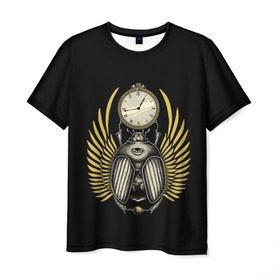 Мужская футболка 3D с принтом жук скарабей в Екатеринбурге, 100% полиэфир | прямой крой, круглый вырез горловины, длина до линии бедер | арт | время | жук | золото | история | крылья | лапки | мумия | психоделика | скарабей | третий глаз | часы | черно желтый