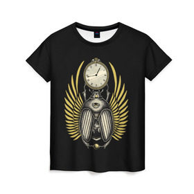 Женская футболка 3D с принтом жук скарабей в Екатеринбурге, 100% полиэфир ( синтетическое хлопкоподобное полотно) | прямой крой, круглый вырез горловины, длина до линии бедер | арт | время | жук | золото | история | крылья | лапки | мумия | психоделика | скарабей | третий глаз | часы | черно желтый