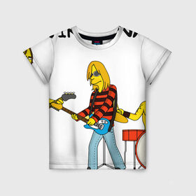 Детская футболка 3D с принтом Nirvana в стиле simpsons в Екатеринбурге, 100% гипоаллергенный полиэфир | прямой крой, круглый вырез горловины, длина до линии бедер, чуть спущенное плечо, ткань немного тянется | Тематика изображения на принте: nirvana | simpsons | барабаны | басы | гитара | курт | курт кобейн | музыканты | мультик | нирвана | рок | симпсоны