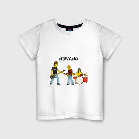 Детская футболка хлопок с принтом Nirvana в стиле simpsons в Екатеринбурге, 100% хлопок | круглый вырез горловины, полуприлегающий силуэт, длина до линии бедер | nirvana | simpsons | барабаны | басы | гитара | курт | курт кобейн | музыканты | мультик | нирвана | рок | симпсоны