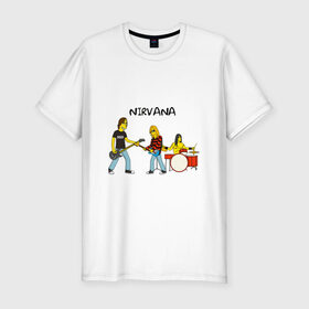 Мужская футболка премиум с принтом Nirvana в стиле simpsons в Екатеринбурге, 92% хлопок, 8% лайкра | приталенный силуэт, круглый вырез ворота, длина до линии бедра, короткий рукав | nirvana | simpsons | барабаны | басы | гитара | курт | курт кобейн | музыканты | мультик | нирвана | рок | симпсоны