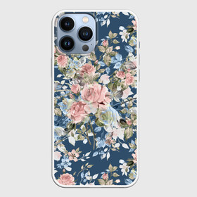 Чехол для iPhone 13 Pro Max с принтом Розовые розы в Екатеринбурге,  |  | bouquet | fashion | flora | flowers | illustra | nature | ornament | patterns | petals | pink | roses | style | youth | букет | графика | иллюстрация | картинка | лепестки | мода | молодежная | орнамент | природа | рисунок | розовые | розы | синий