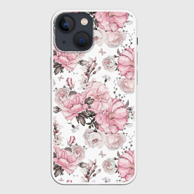 Чехол для iPhone 13 mini с принтом Розовые розы в Екатеринбурге,  |  | bouquet | fashion | flora | flowers | illustra | nature | ornament | patterns | petals | pink | roses | style | youth | белый | букет | графика | иллюстрация | картинка | лепестки | мода | молодежная | орнамент | природа | рисунок | розовые | розы