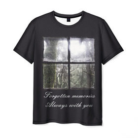 Мужская футболка 3D с принтом Forgotten Memories в Екатеринбурге, 100% полиэфир | прямой крой, круглый вырез горловины, длина до линии бедер | Тематика изображения на принте: деревья | лес | мрачный | надпись | окно | старый | стекло